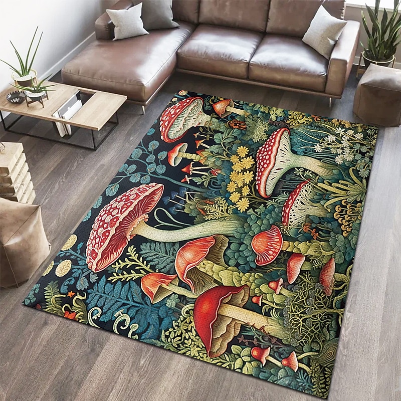 Floral Mushrooms Floor Mat Rug Area Rug Black Carpet Illusion Flannel Rugs Ultra Soft Non-Slip Rug for Room Deco2