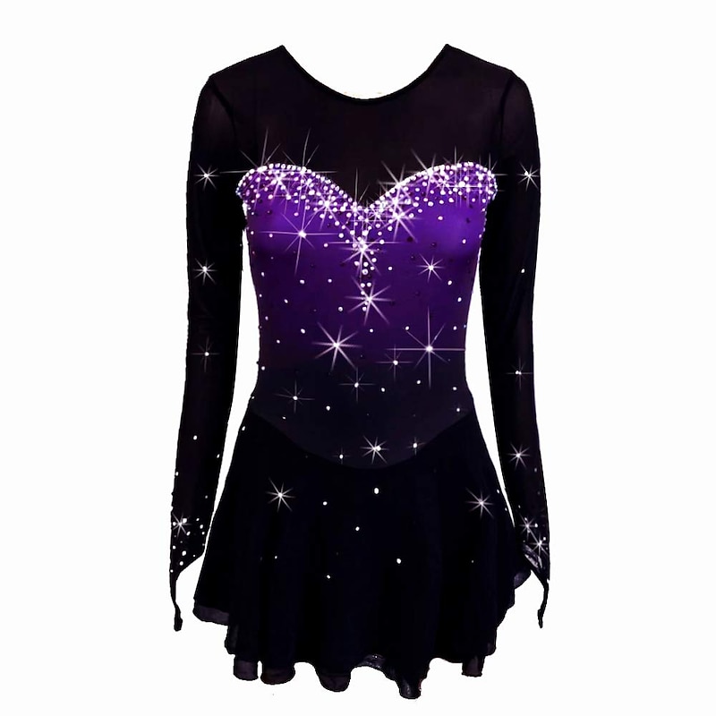 Figure Skating Dress Women's Girls' Ice Skating Dress Purple Stretchy Training Competition Skating Wear Thermal Warm Crystal / Rhinestone Long Sleeve Ice Skating Figure Skating