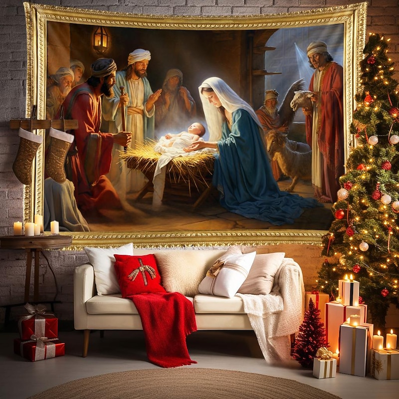 Christmas Decorations Nativity Scene Jesus Baptism Hanging Tapestry Wall Art Xmas Large Tapestry Mural Decor Photograph Backdrop Blanket Curtain Home Bedroom Living Room Decoration4