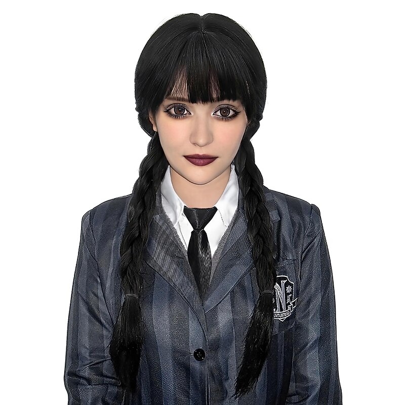 Black Wig with Bangs Long Pigtails Wig for Women Girls Addams Family  Hair Wig for Cosplay Party Wigs Halloween Wigs3