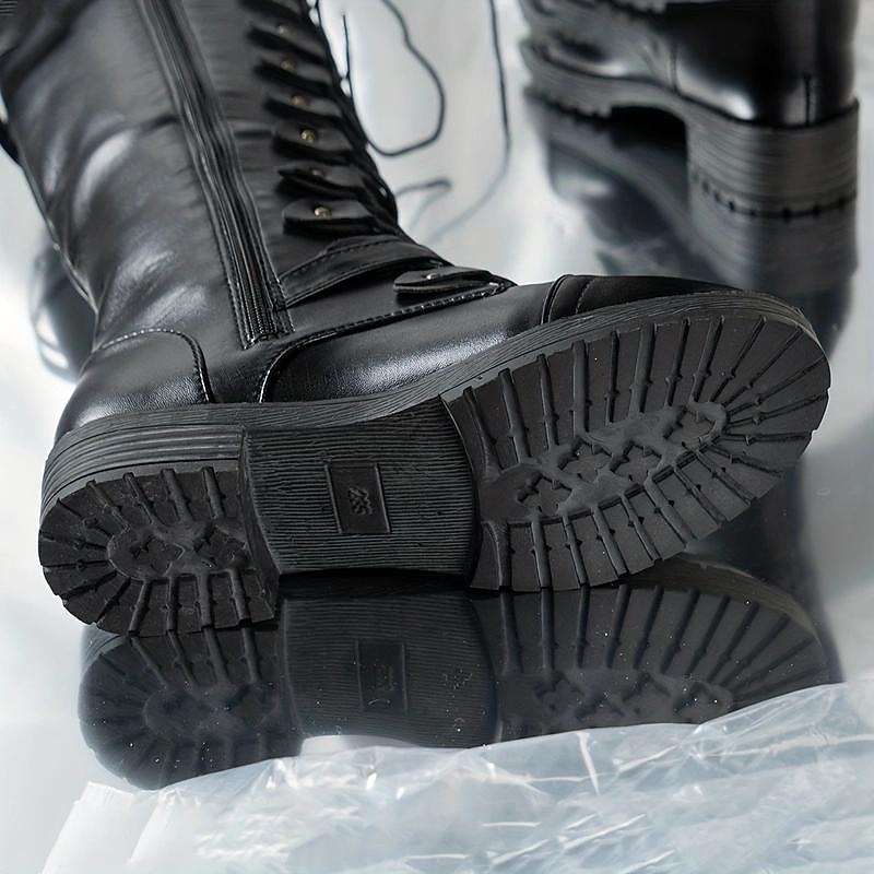 Women's Black Knee High Lace-Up Combat Boots with Chunky Heel, Military Gothic Punk Style Fashion Boots for Autumn Winter 6