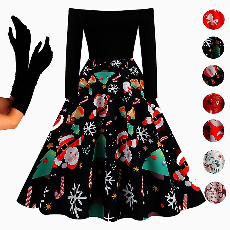 1950s Christmas flare Midi Knee Length Dress Christmas Dress Prom Dress Santa Suit Off Shoulder Floral Print Christmas Printing Ball Gown Fancy Dress Women's Christmas Masquerade Christmas Christmas
