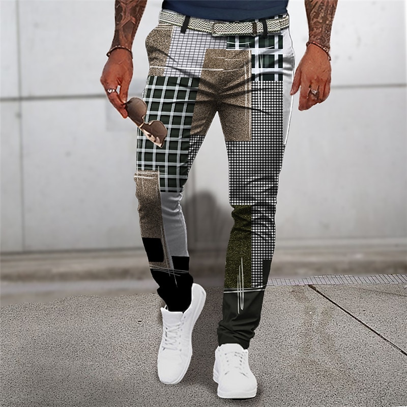 Plaid Geometry Casual Men's 3D Print Pants Trousers Outdoor Daily Wear Streetwear Polyester Blue Brown Green S M L Medium Waist Elasticity Pants3