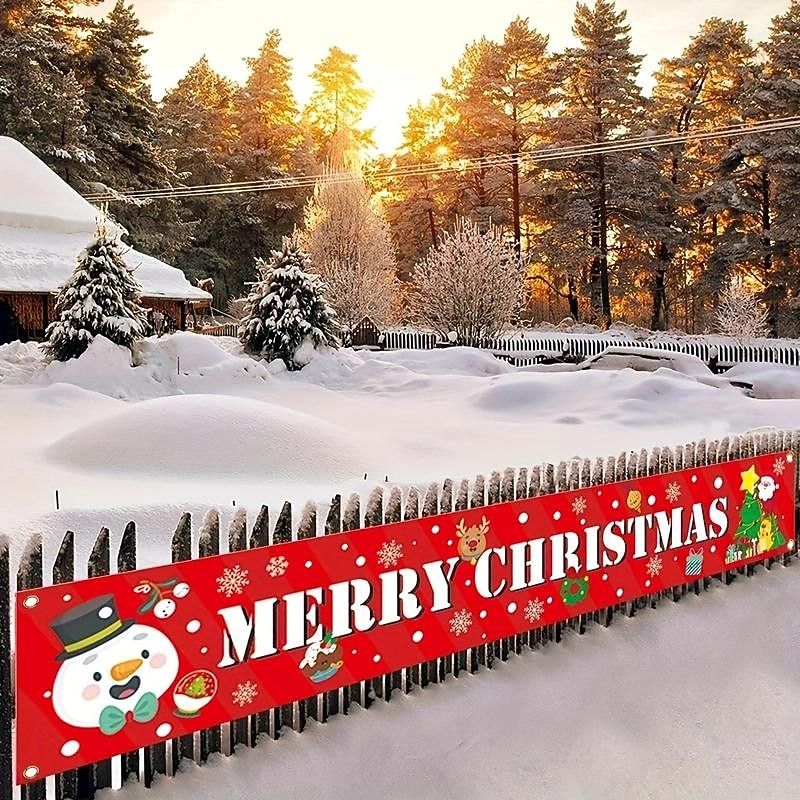 Large Merry Christmas Banner Xmas Decoration Snowman Christmas Tree Hanging Huge Sign Holiday Party Supplies Home Decor For Outdoor, Indoor, Yard, Garden, Porch, Lawn