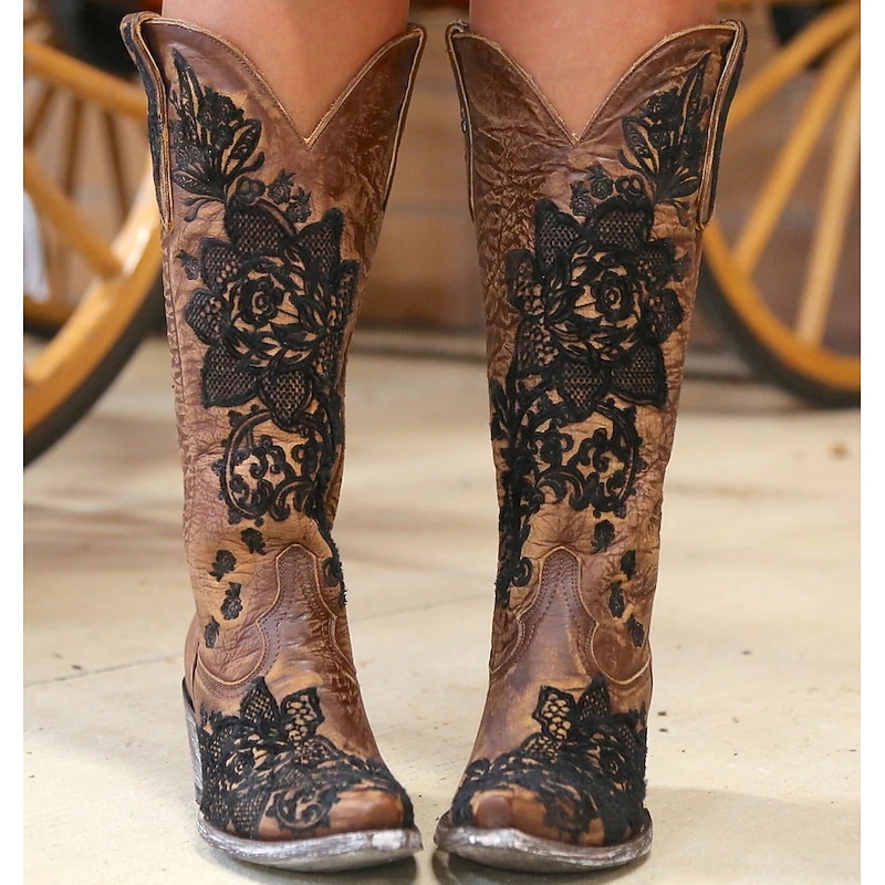 Women's Brown Western Cowboy Boots with Intricate Black Floral Lace Embroidery - Ideal for Country Weddings, Rustic Events, and Western-Themed Parties4