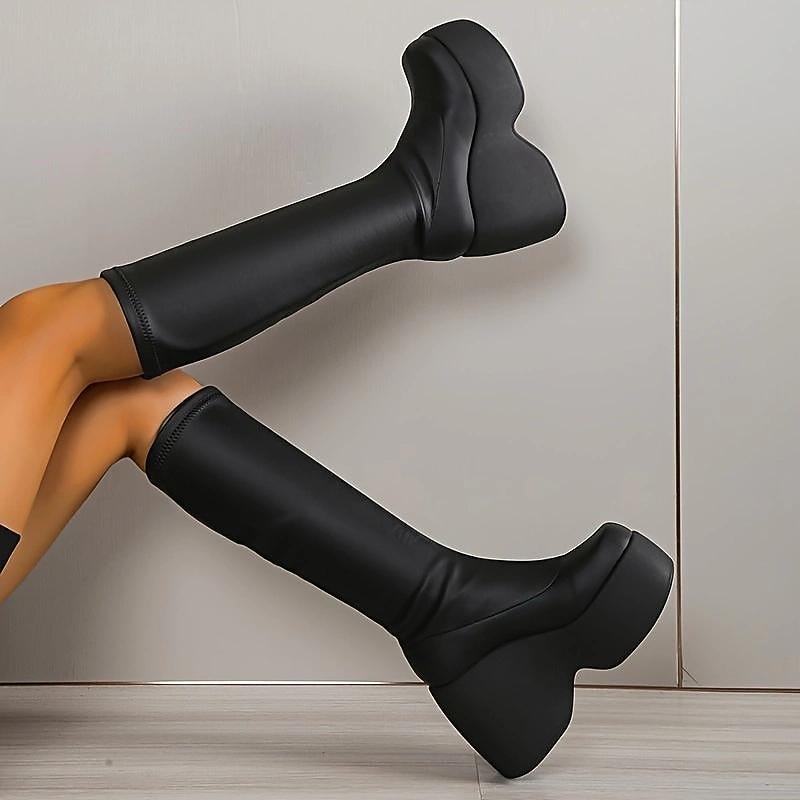 Women's Black Faux Leather Knee - High Platform Boots, Stretchy Shaft & Chunky Heel, Punk Goth Style for Rave Nights & Fall Outfits, Pairs with Mini Skirts2
