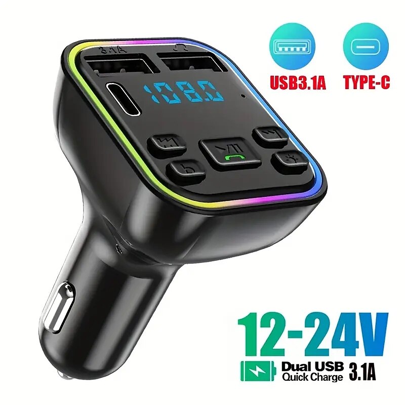 BT Car Kit FM Transmitter PD Type-C Dual USB 3.1A Fast Charger Colorful Ambient Light Audio Receiver Handsfree MP3 Wireless Car Mp3 Player