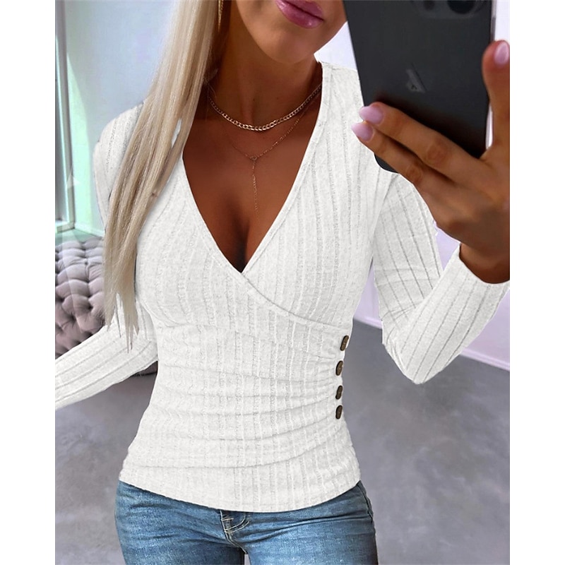 Women's Shirt Blouse Ribbed Fashion Buttons Long Sleeve Regular Tops V Neck Casual White Khaki Gray Spring &  Fall4