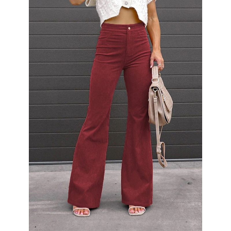 Women's Bell Corduroy Flare Pants Bottom Trousers Full Length Pocket High Waist Fashion Streetwear Xmas Wine Black S M Winter Autumn Fall