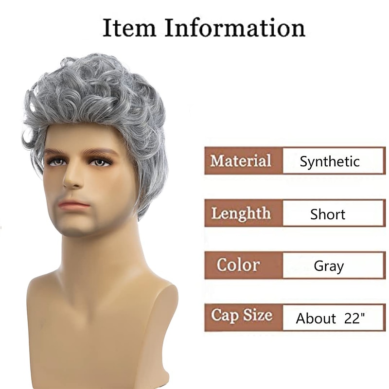 Mens Grey Wig Short Curly Grey Wig Synthetic Heat Resistant Costumes Natural Halloween Cosplay Hair Wig3
