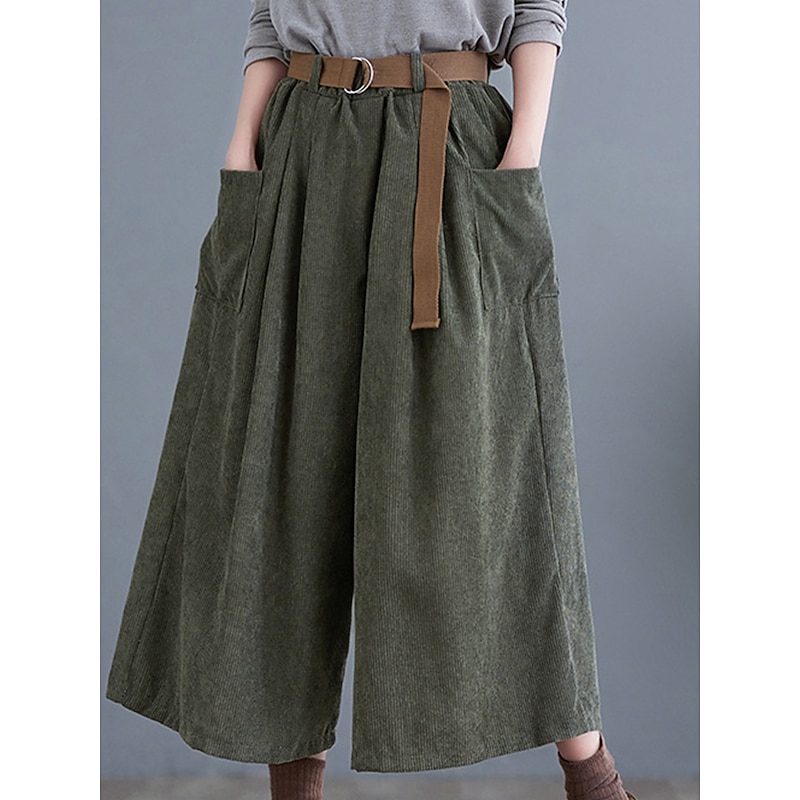 Women's Wide Leg Capri Pants Fashion Streetwear Simple Calf-Length High Waist Solid Color Pocket Elastic Waist High Cut Comfort Breathability Soft Micro-elastic Vacation Street Daily Green khaki3