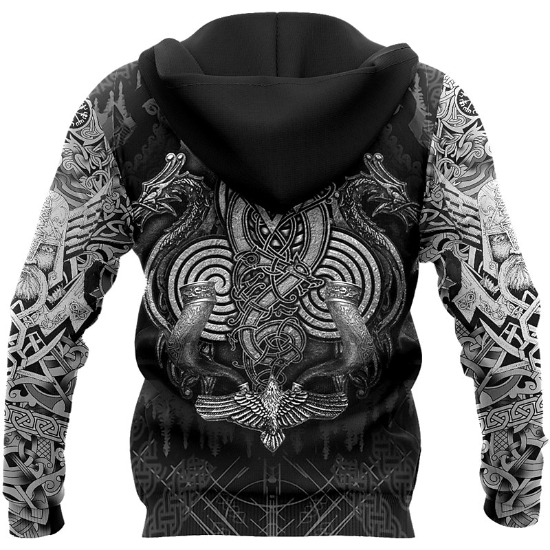 Men's Viking Warrior Graphic Prints Viking Hoodie Hoodies Sweatshirt Daily Classic Long Sleeve Hooded Holiday Going out Streetwear Black Yellow Print Spring &  Fall Designer2