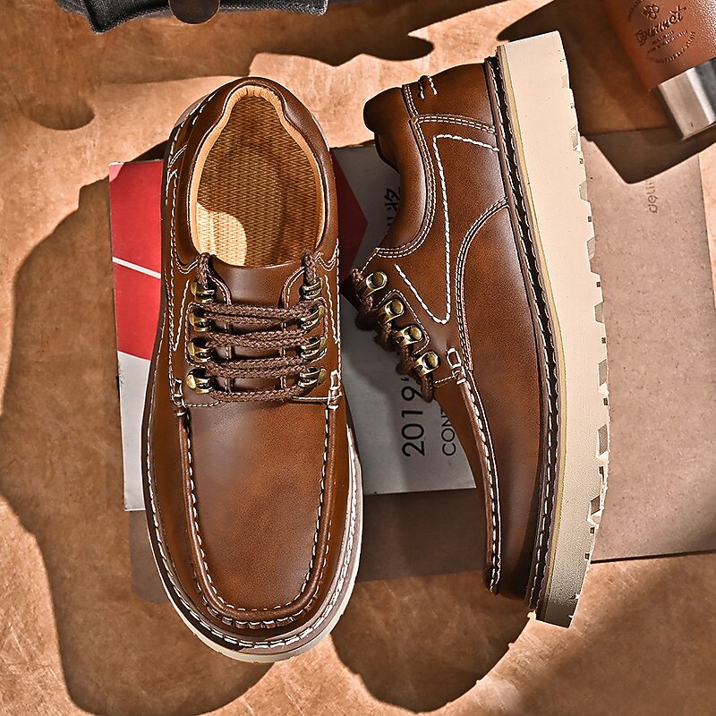 Men's Brown Leather Casual Shoes – Lace-Up Moccasins with Rugged Sole, Stylish Outdoor Footwear for Walking & Work3