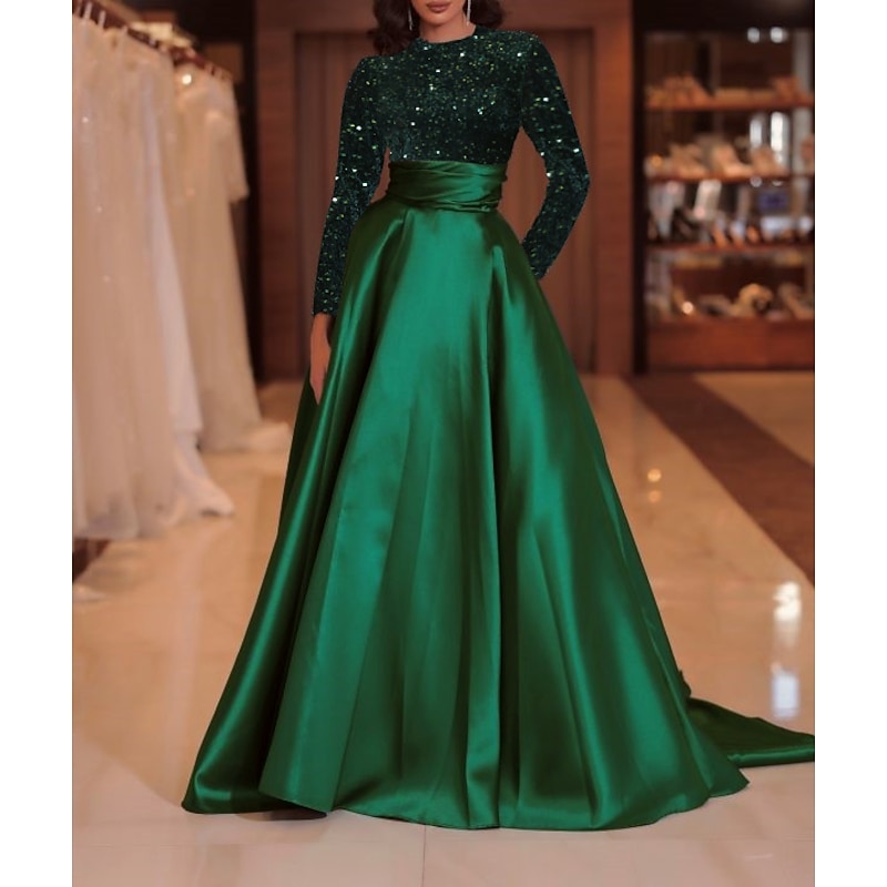 A-Line Sequin Evening Gown Elegant Dress Formal Cocktail Party Court Train Long Sleeve High Neck Fall Wedding Guest