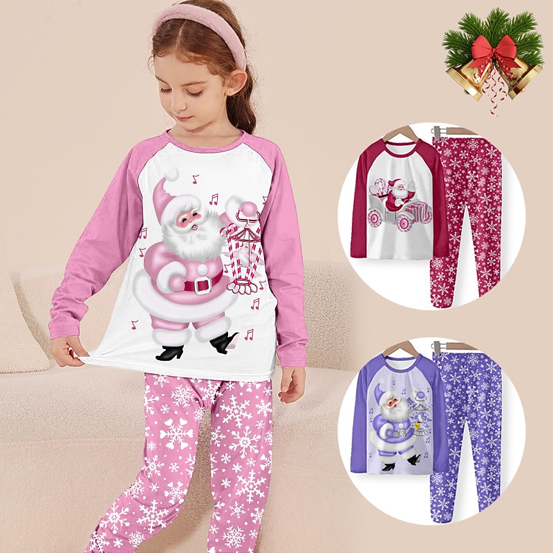 Girls' 3D Santa Claus Pajama Set Long Sleeve 3D Print Fall Winter Active Fashion Cute Polyester Kids 3-12 Years Crew Neck Home Causal Indoor Regular Fit