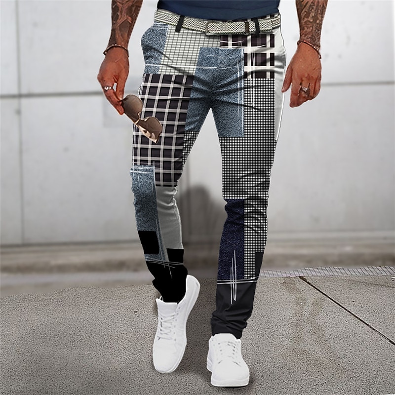 Plaid Geometry Casual Men's 3D Print Pants Trousers Outdoor Daily Wear Streetwear Polyester Blue Brown Green S M L Medium Waist Elasticity Pants2