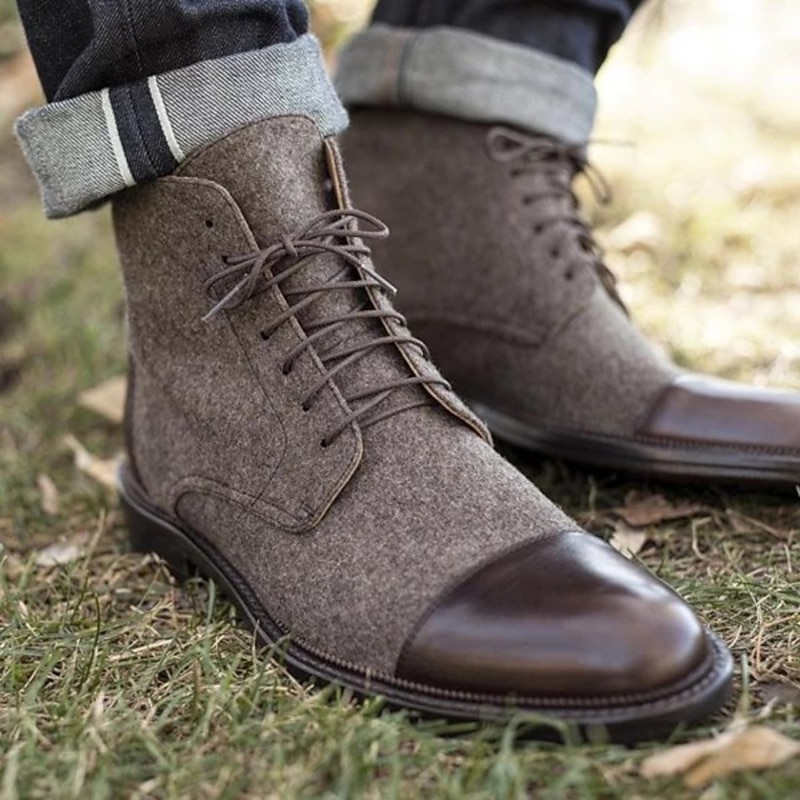 Men's Brown Leather and Denim Lace-Up Boots with Cap Toe and Rugged Sole | Stylish Vintage Ankle Boots3