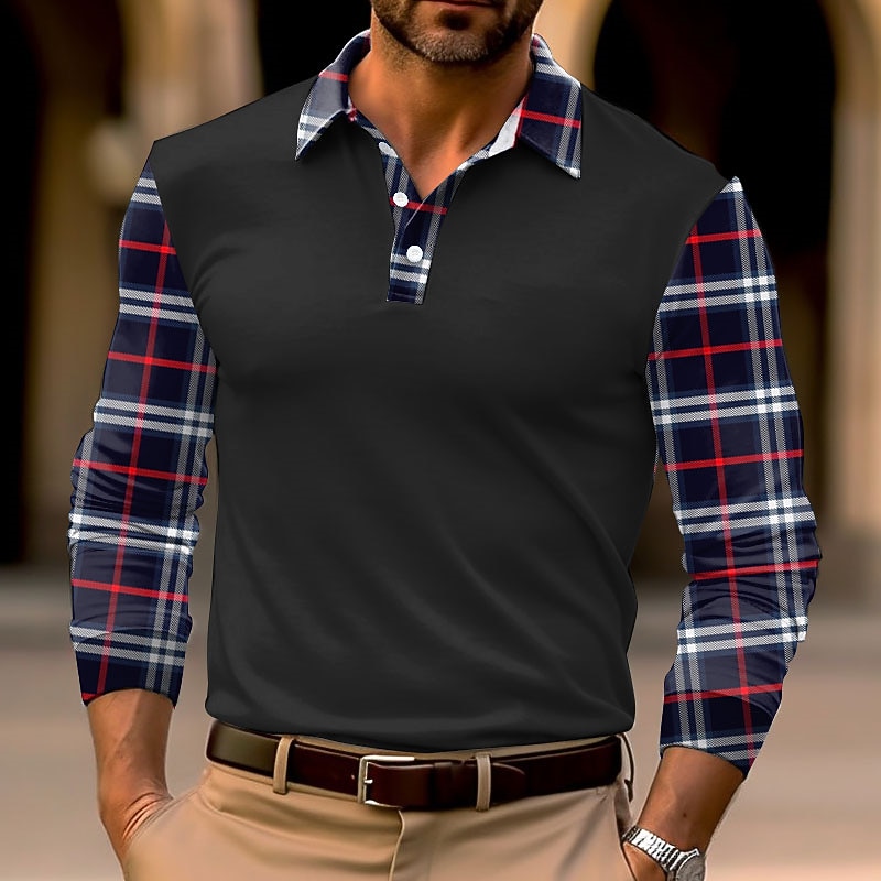 Men's Plaid Polo Shirts Golf Shirt Long Sleeve Polo Shirts Collared Shirts Business Casual WorkWear Formal Wear Festival Wear 3D Print Buttons Fall & Winter Black White Dark Navy2
