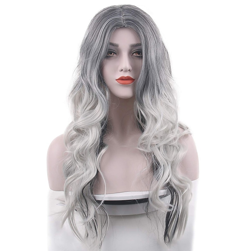 Silver Grey Costume Wigs for Women Halloween Curly Long Wavy Fashion Cosplay Ombre Black Mix Gray Hair Wigs