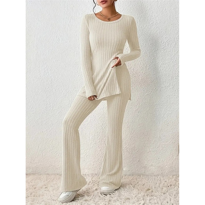Women's Loungewear Sets Pure Color Fashion Comfort Soft Home Daily Bed Breathable Crew Neck Long Sleeve Sweater Pant Fall Winter Home Outfits 7