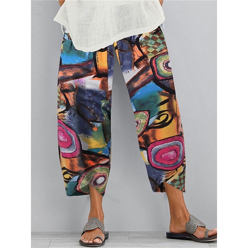Women's Wide Leg Cotton Linen Pants Pants Trousers Vintage Ethnic Style Ethnic Ankle-Length High Waist Color Block Abstract Pocket Elastic Waist Print Comfort Breathability Soft Micro-elastic Casual 6