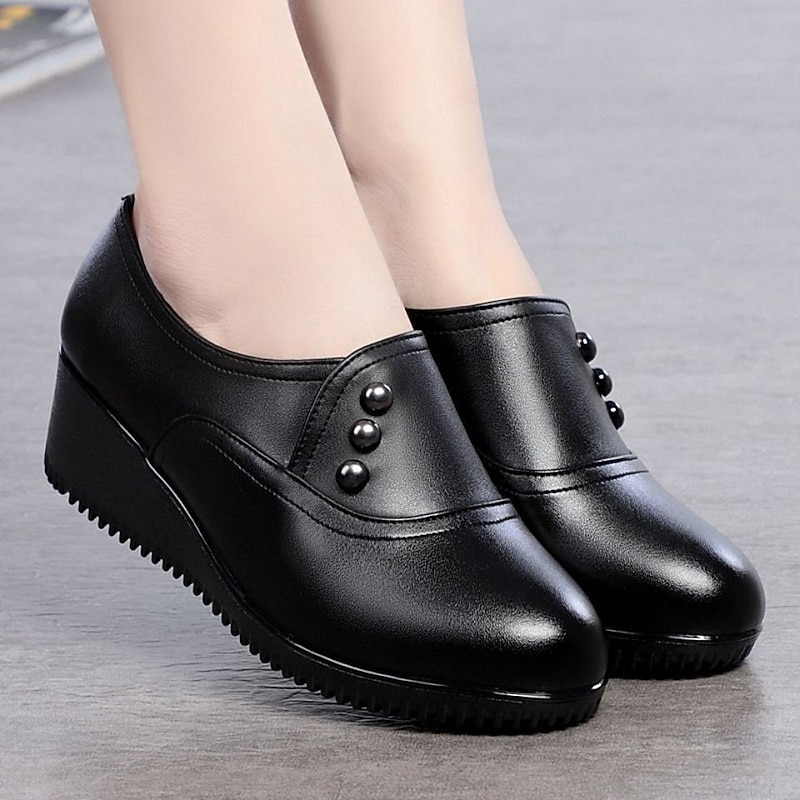 Women's Flats Comfort Shoes Outdoor Daily Solid Color Wedge Heel Round Toe Elegant Casual Comfort Faux Leather Loafer Black3
