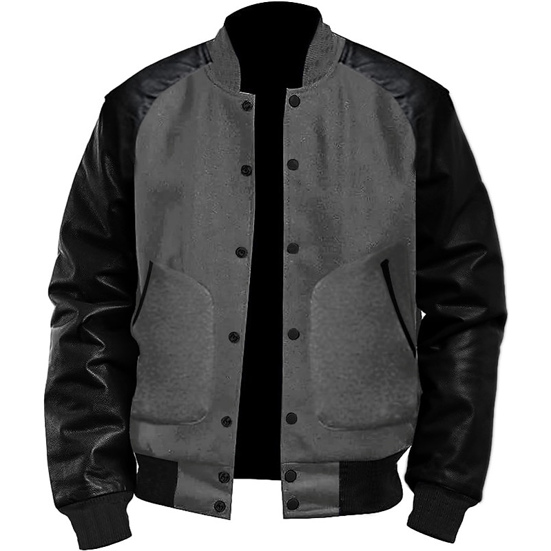 Men's Transition Jacket Varsity Jacket Daily Wear Leather Sleeved Spring &  Fall Plain Streetwear Stand Collar Short Black White Light Grey Dark Gray Jacket2