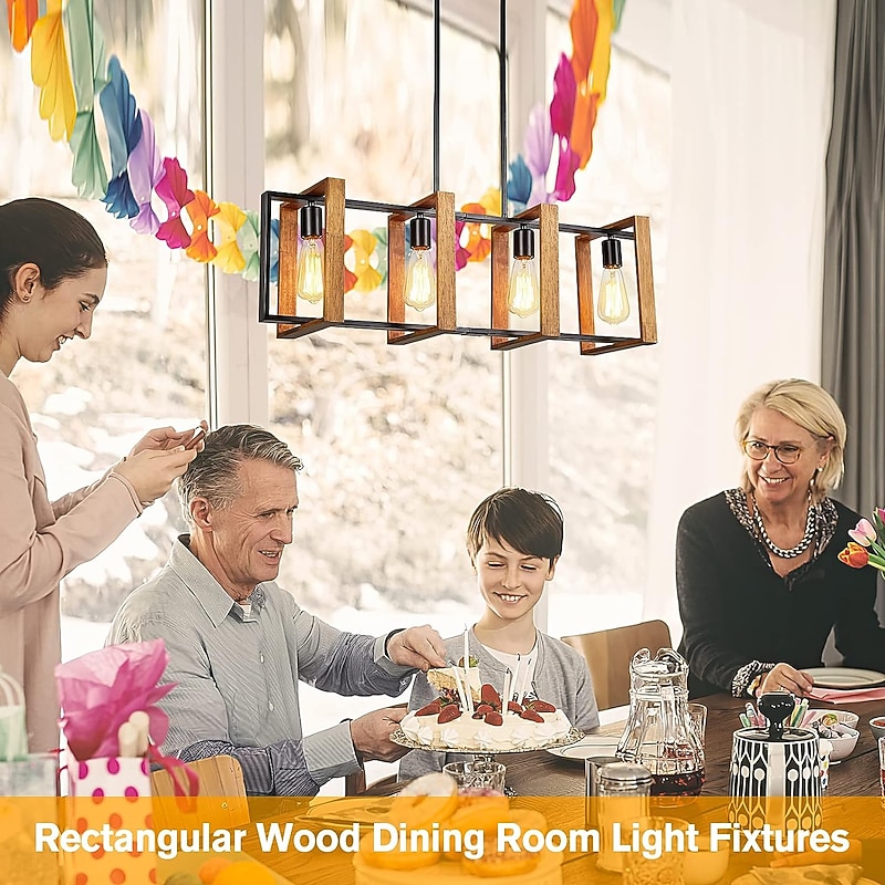 Kitchen Island Lighting, 4 - Light Dining Room Farmhouse Pendant Light, Black Modern Pendant Light, Pool Table Lamp, Wood and Matte Black Metal Finish (4 Heads, Wood) 110-240V4