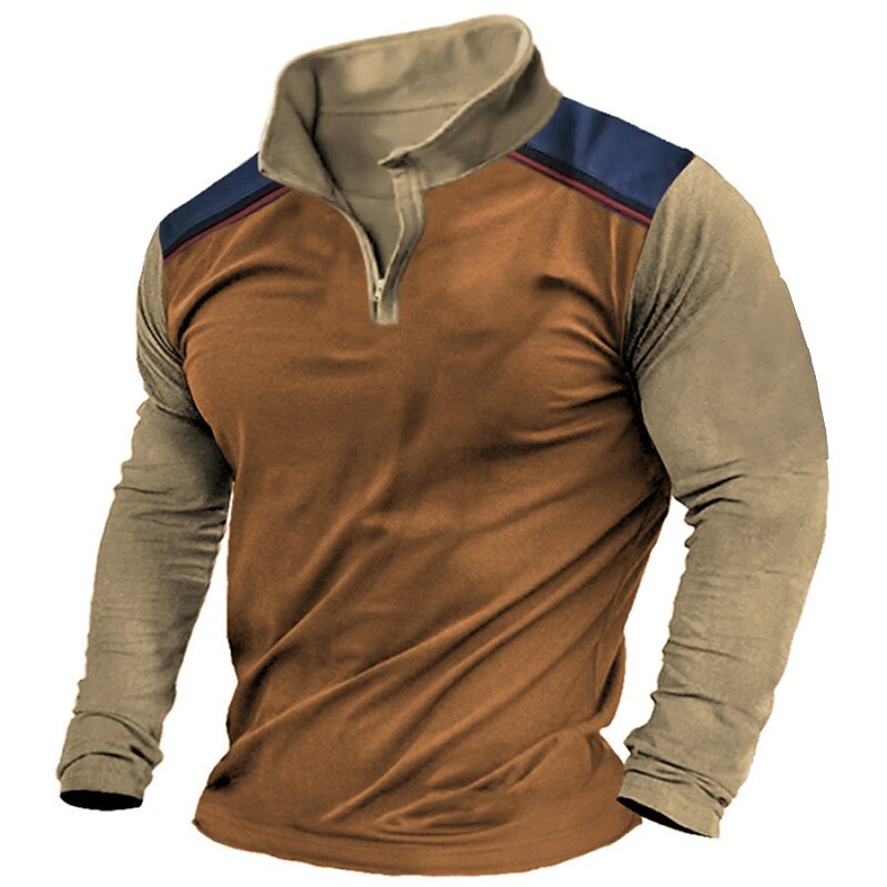 Men's T Shirt Zip Half Shirt Tee Top Long Sleeve Shirt Long Sleeve Quarter Zip Spring &  Fall Color Block Fashion Designer Basic Patchwork Vacation Street Going out Brown Top Tee for Men