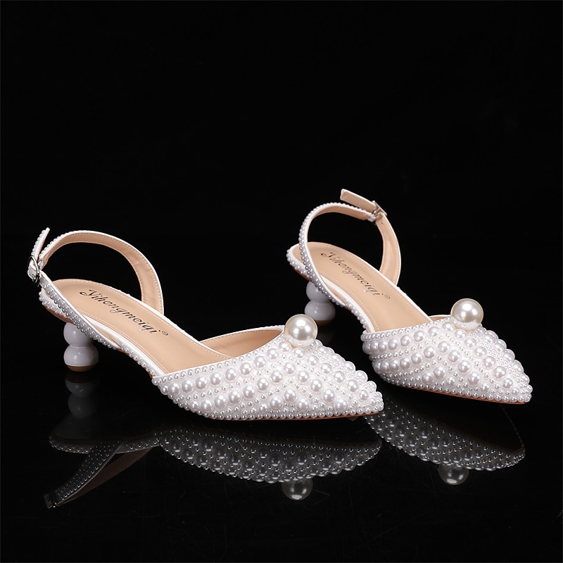 Wedding Shoes for Bride Bridesmaid Women Closed Toe Pointed Toe White Beige PU Pumps Sandals with Imitation Pearl Sculptural Heel Low Heel Wedding Party Valentine's Day Elegant Luxurious4