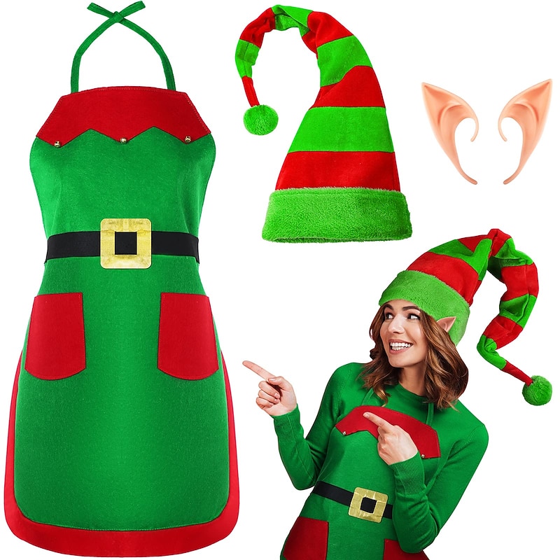 Elf Costume Play Set for Women Elf Felt Apron Elf Long Striped Plush Hat Adult Soft Pointed Ear for Party Role Play Christmas Accessories Gift Idea