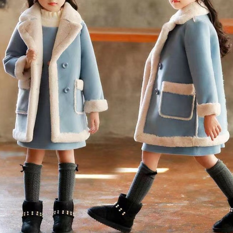 Kids Girls' Winter Coat Sherpa Jacket Kids Winter Jacket Fashion Buttons Performance Cotton Coat Outerwear 4-12 Years Spring Pink Blue2