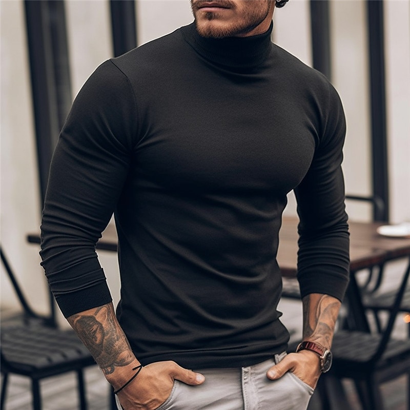Men's T Shirt Tee Top Long Sleeve Shirt Long Sleeve Turtleneck Spring &  Fall Plain Fashion Designer Basic Vacation Street Going out Black White Navy Blue Top Tee for Men