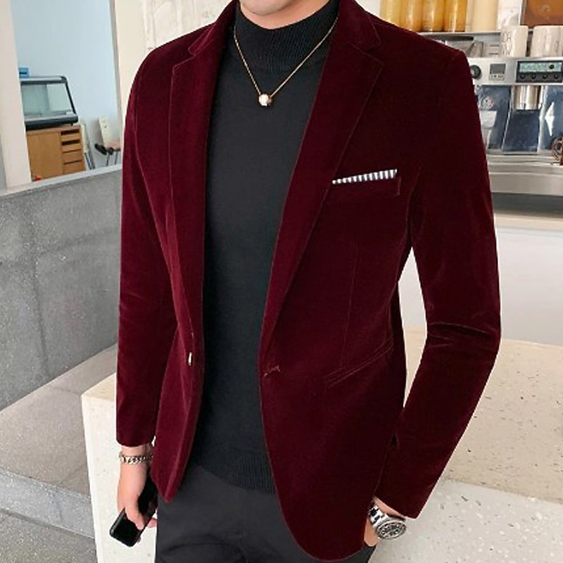 Men's Corduroy Jacket Blazer Business Cocktail Party Wedding Party Fashion Casual Fall / Winter Polyester Velvet Plain Pocket Buttons Casual / Daily Single Breasted Blazer Black Burgundy Blue Dark
