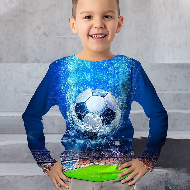 Boys 3D Football Tee Long Sleeve 3D Print Fall Winter Sports Fashion Streetwear Kids 3-12 Years Outdoor Casual Daily Regular Fit