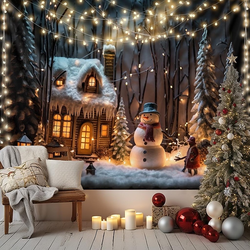Christmas Decorations Hanging Tapestry Snowman Snow Winter Wonderland Wall Art Xmas Large Tapestry Mural Decor Photograph Backdrop Blanket Curtain Home Bedroom Living Room Decoration