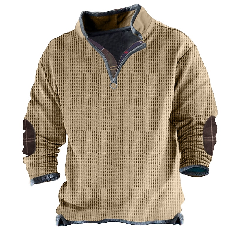 Men's Waffle Tee T Shirt Waffle Knit Tee Tee Top Long Sleeve Standing Collar Spring &  Fall Color Block Fashion Designer Basic Patchwork Vacation Street Going out Light Brown Brown Green Top Tee for4