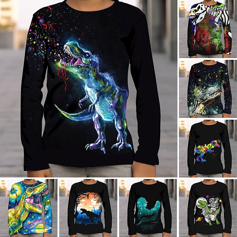 Boys 3D Graphic Galaxy Dinosaur T shirt Tee Long Sleeve 3D Print Summer Spring Fall Sports Fashion Streetwear Kids 3-12 Years Outdoor Casual Daily Regular Fit