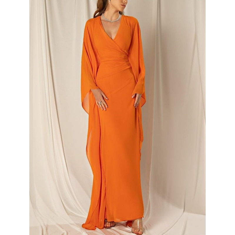 Beach Wedding Sheath Evening Gown Elegant Dress Formal Fall Ankle Length Long Sleeve V Neck Chiffon with Ruched Ruffles