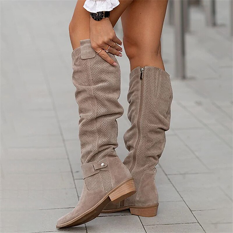 Women's Taupe Suede Slouchy Knee-High Boots with Perforated Design and Buckle Detail, Stylish Casual Footwear for Fall and Winter2