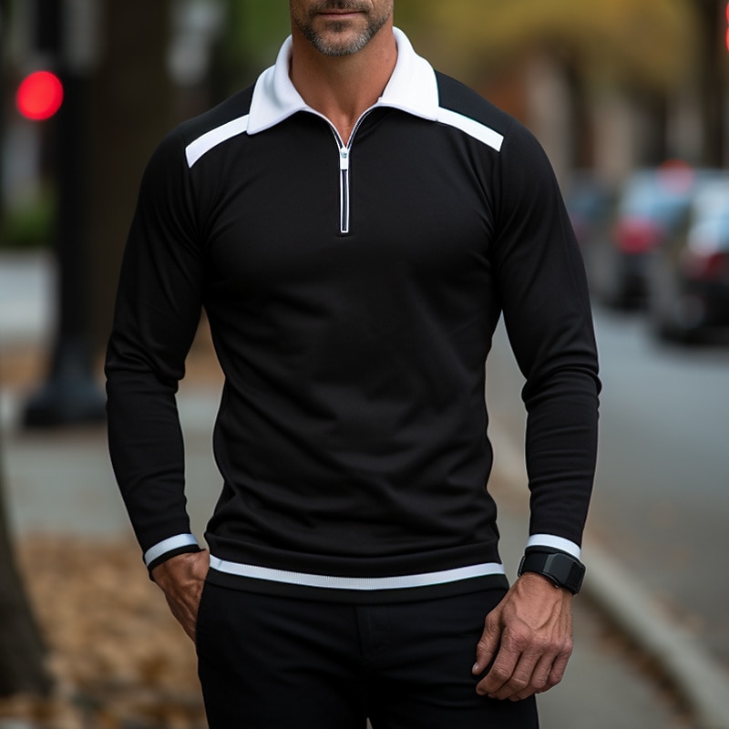 Men's Zip Polo Polo Shirt Casual Holiday Lapel Quarter Zip Long Sleeve Fashion Basic Color Block Quarter Zip Summer Regular Fit Black Burgundy Navy Blue Orange Army Green Zip Polo