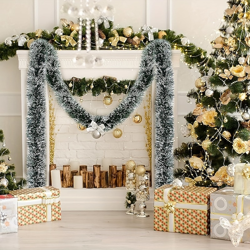 3pcs Christmas Tree Pine Green Wool Strips Snow White Metal Streamers Green Metal Garland Celebration Holiday Supplies