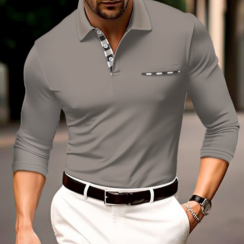 Men's Golf Shirt Polo Casual Sports Lapel Long Sleeve Fashion Basic Color Block Button Front Pocket Spring &  Fall Regular Fit Wine Black Dark Green Orange Brown Gray Golf Shirt