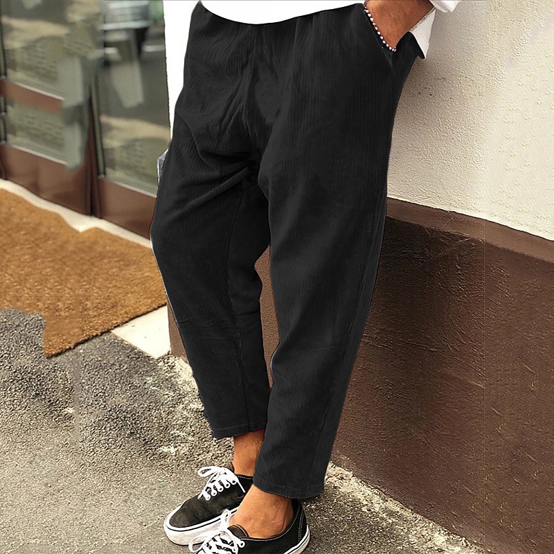 Men's Corduroy Pants Winter Pants Trousers Cropped Pants Casual Pants Drawstring Elastic Waist Straight Leg Solid Color Comfort Warm Casual Daily Streetwear Sports Fashion Loose Fit Black Blue2