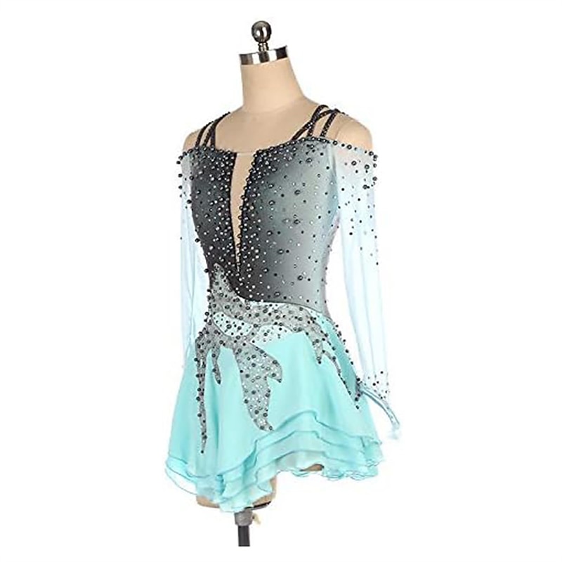 Figure Skating Dress Women's Girls' Ice Skating Dress Green Stretchy Training Competition Skating Wear Thermal Warm Crystal / Rhinestone Long Sleeve Ice Skating Figure Skating3
