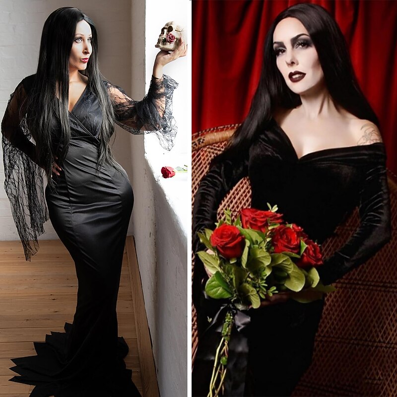 Adult Addams Family Deluxe Morticia Wig Long Black Synthetic Hair Wigs Halloween Wigs3