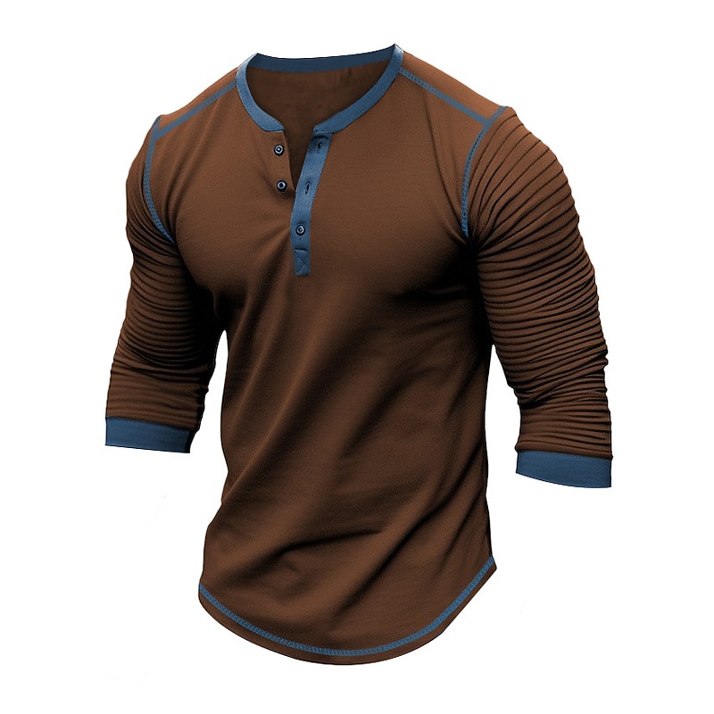 Men's Button T Shirt T Shirt Henley Shirt Tee Top Long Sleeve Henley Spring &  Fall Slim Pleated Raglan Sleeve Fashion Designer Basic Patchwork Vacation Street Going out Black Navy Blue Brown Top Tee3