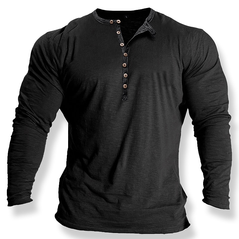 Men's Button T Shirt T Shirt Henley Shirt Tee Top Long Sleeve Crew Neck Spring &  Fall Plain Fashion Designer Basic Retro Button-Down Vacation Street Going out Black White Blue Top Tee for Men3