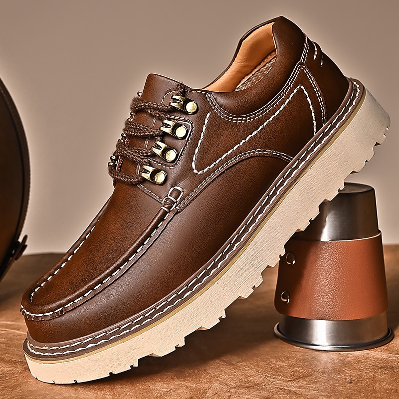 Men's Brown Leather Casual Shoes – Lace-Up Moccasins with Rugged Sole, Stylish Outdoor Footwear for Walking & Work