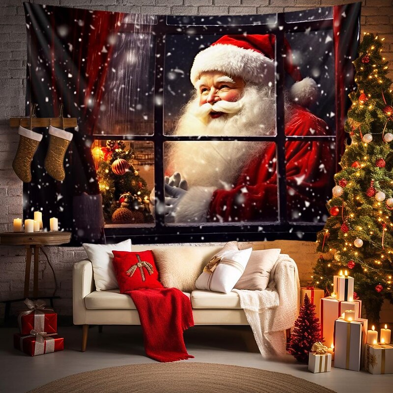 Christmas Decorations Santa Claus Hanging Tapestry Wall Art Xmas Large Tapestry Mural Decor Photograph Backdrop Blanket Curtain Home Bedroom Living Room Decoration Window Snow View4